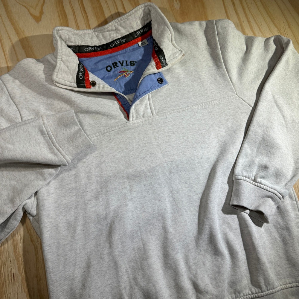 Orvis Men's Heather Gray Quarter Zip Snap Pullover Fleece Sweatshirt Size M